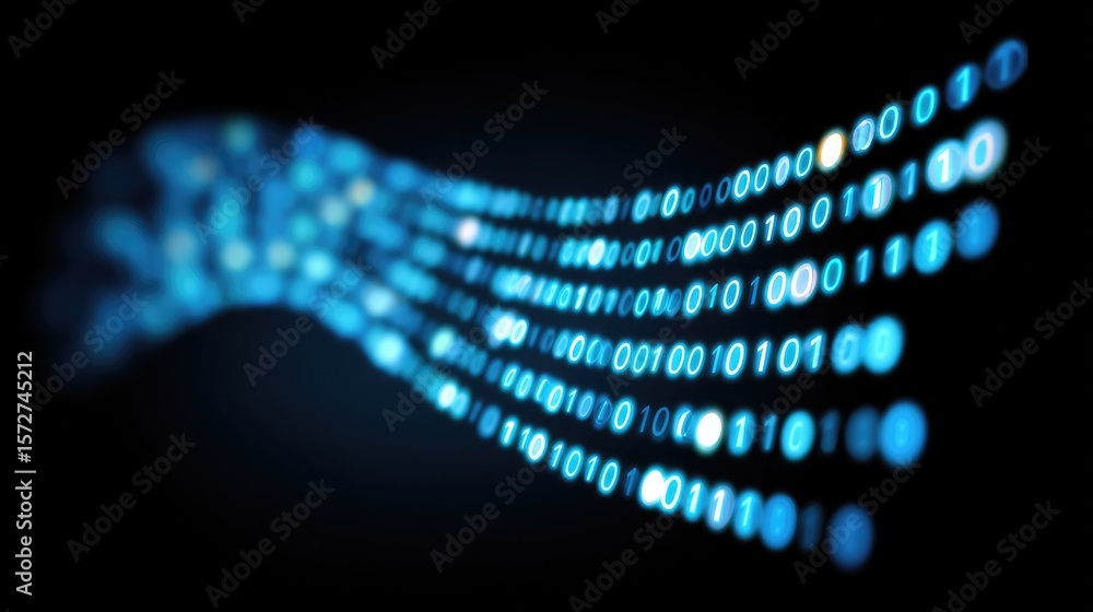 Poster digital data code flowing in smooth lines with glowing dots and neon blue accents on dark background