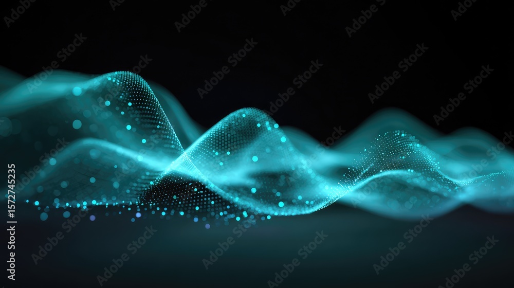 Poster digital data code flowing in smooth lines with glowing dots and neon blue accents on dark background