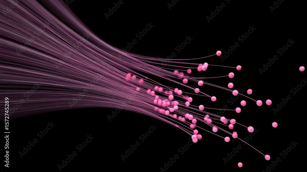 Poster digital data flow visualization with particle trails and interconnected dots moving dynamically