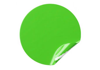 A vibrant green circular sticker with a peeled corner is isolated on a transparent background