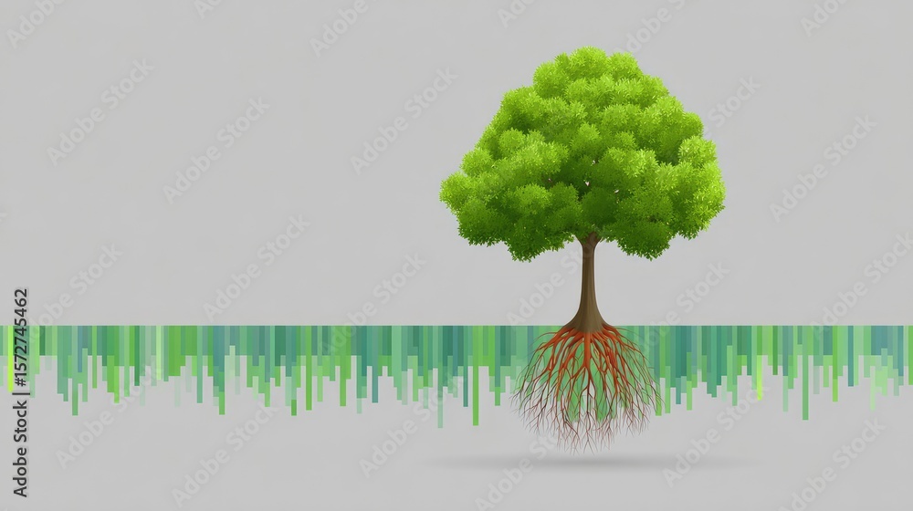 Poster digital tree of life growing from pixelated roots, tech concept with clean background and copy space