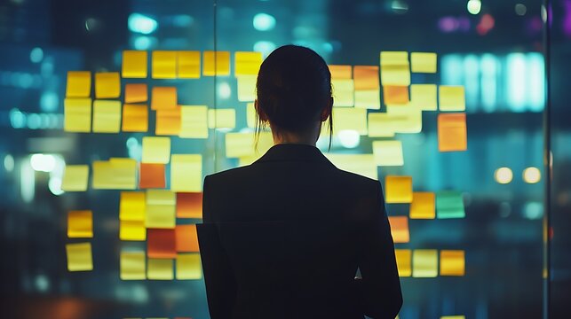 A businesswoman in a corporate office stands by a glass wall brainstorming with sticky notes during a meeting.
- Powered by Adobe