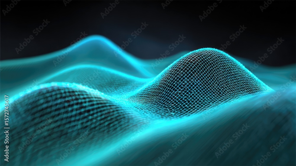 Poster digital wave grid with animated glowing points forming a smooth flowing surface over black backgroun