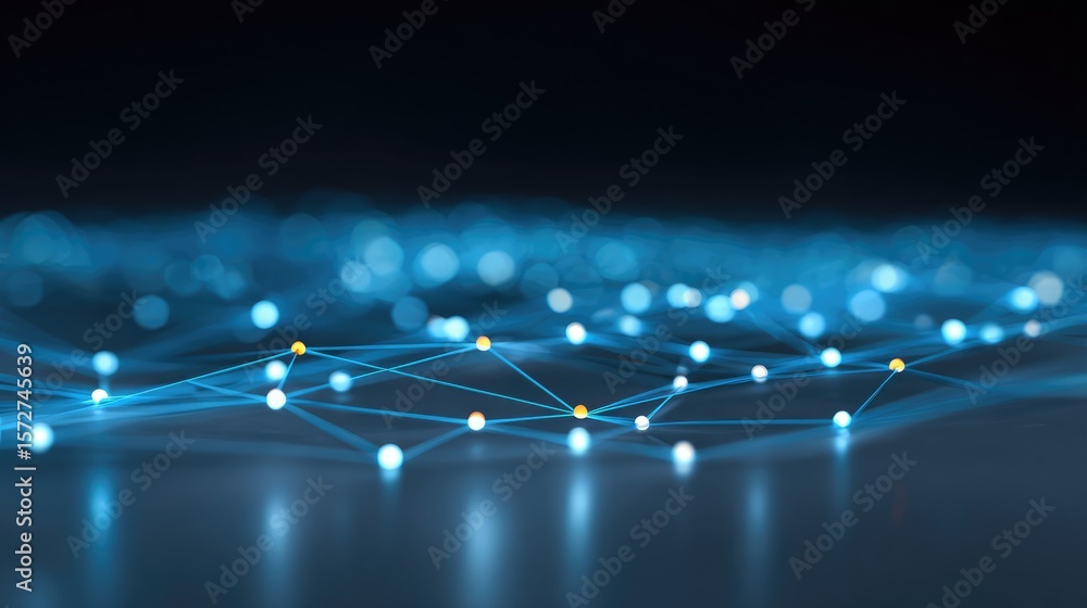 Poster digital wave grid with interconnected points emitting blue light over a smooth dark surface