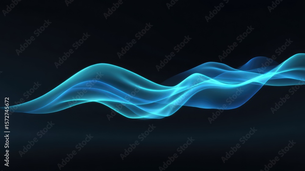 Aufkleber dynamic digital waves flowing horizontally with neon blue glowing edges on a black gradient backgrou