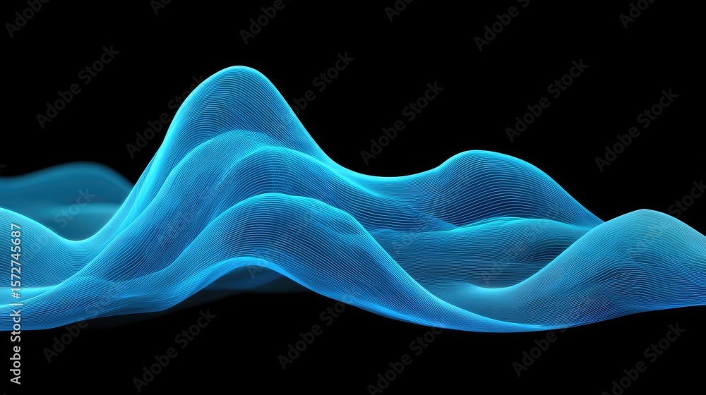 Aufkleber dynamic digital waves flowing horizontally with neon blue glowing edges on a black gradient backgrou