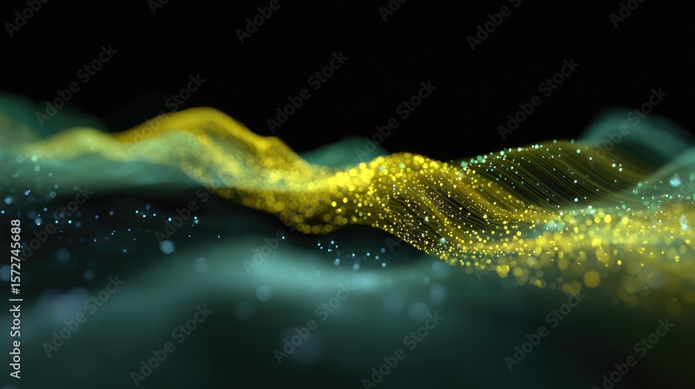 Poster dynamic digital waves made of glowing particles and lines moving horizontally, tech-inspired with sp