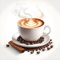 Obraz premium Vibrant Digital Coffee Illustration with Latte Art and Beans on White Background, No 109, Generative AI