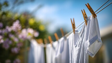 Hanging clean white laundry in garden breeze, minimal background