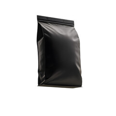 A mockup of a black matte coffee bag or pouch floating in an isolated minimalist studio setting with a clean modern aesthetic