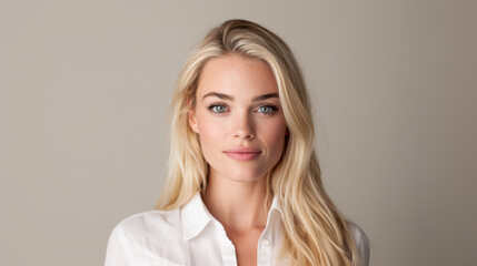 A woman with long blonde hair and light green eyes wearing a white shirt against a neutral background, featuring natural makeup and a calm, confident expression