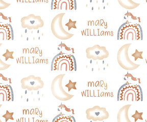 illustration cute unicorn standing on rainbow with clouds and star seamless pattern 