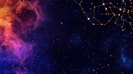 Cosmic network, nebulae, and constellations. Vast space filled with vibrant nebulae and a network of interconnected points, suggesting a cosmic or digital network