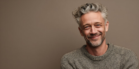 Portrait of a man with salt-and-pepper hair and a warm smile, wearing a casual sweater, standing against a neutral taupe background, relaxed and approachable