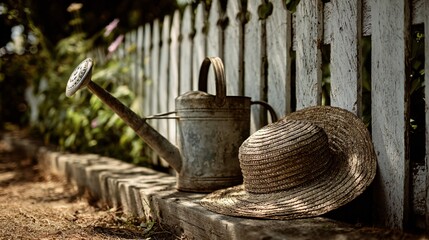 Iron watering can and sun hat leaning against picket fence