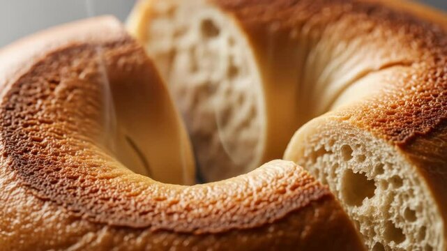 Toasted bagel macro with steam, close-up of freshly baked food.  Delicious bagel.