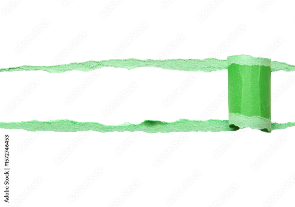 Poster green torn paper with a rolled edge is isolated on a transparent background