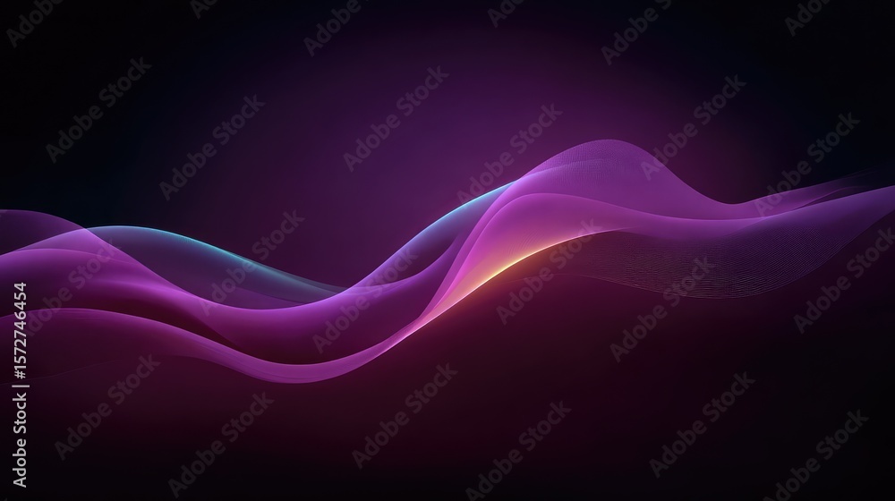 Poster Elegant purple background design with flowing wave lines and soft lighting, creating movement and depth with central copy space