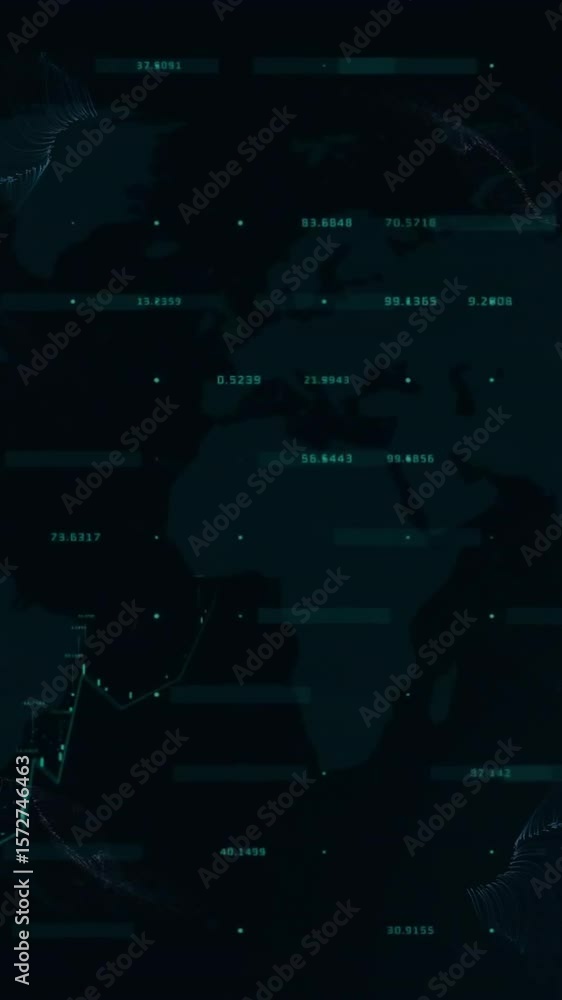 Poster world map with fluctuating financial graph and data points animation