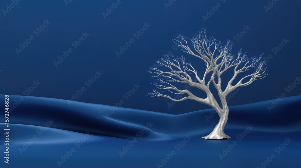 Poster elegant silver tree of life design floating on a deep blue background with soft lighting and space f