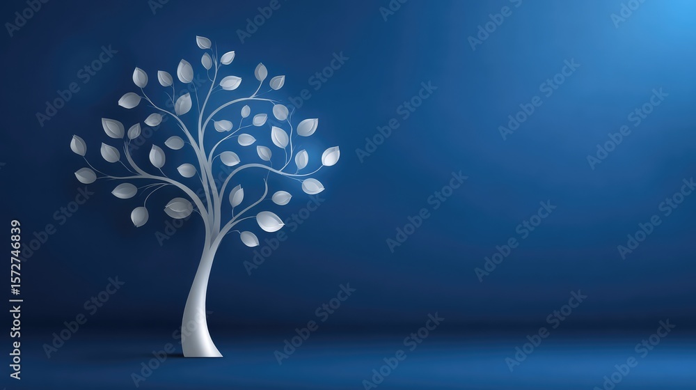 Poster elegant silver tree of life design floating on a deep blue background with soft lighting and space f