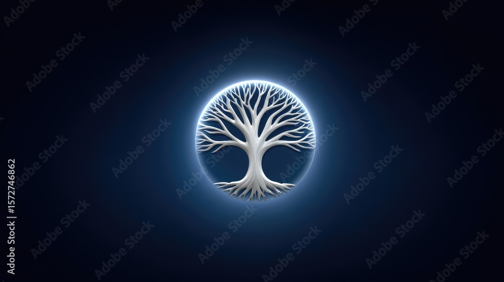 Poster elegant silver tree of life design floating on a deep blue background with soft lighting and space f