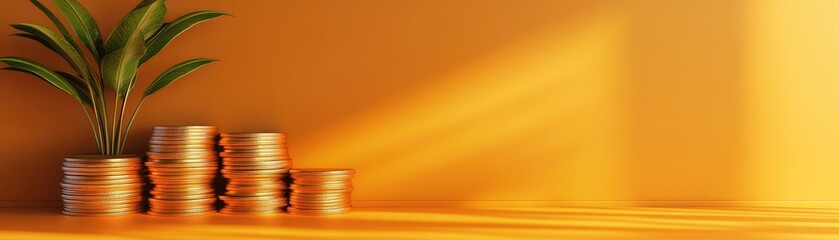 Golden Stacks with Plant on Orange Background