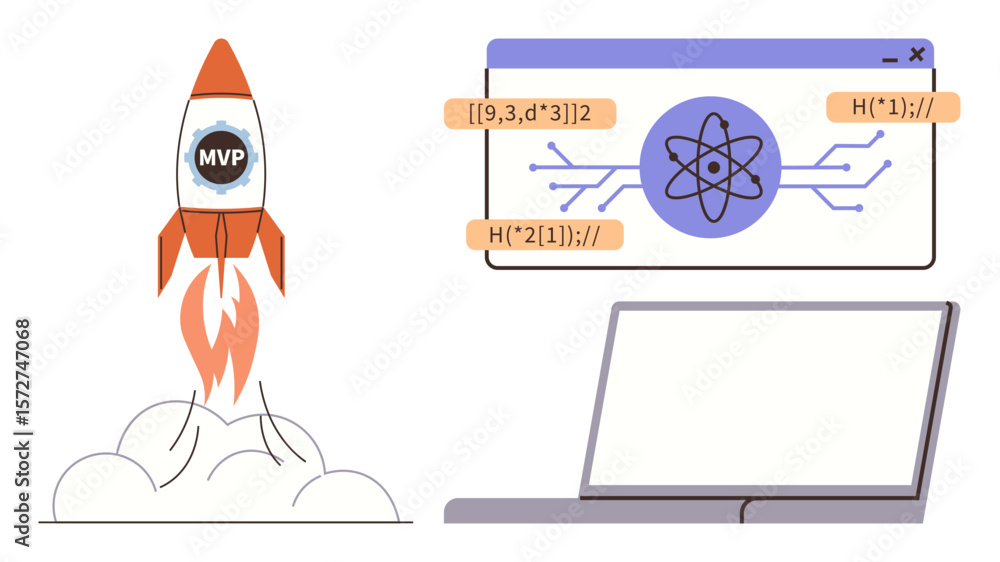 Wall mural rocket launch labeled mvp, laptop with interface featuring coding symbols and atomic design. ideal f