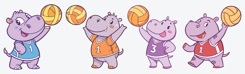 Adorable cartoon hippos playing volleyball in colorful jerseys vector.