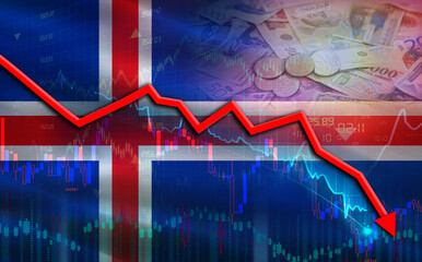 Iceland financial fall on economy market. Iceland financial crisis on economic graph