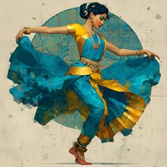Bharatanatyam Dancer in Flowing Blue Costume Displaying Traditional Hand Gestures