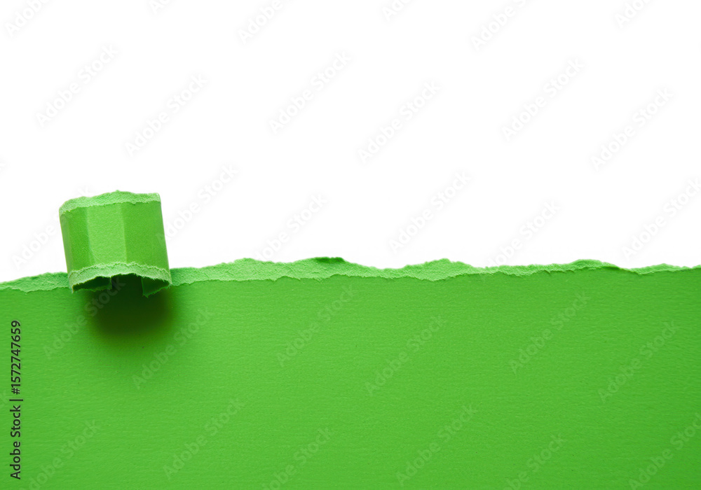 Poster a vibrant green torn paper with a curled edge, creating a textured background with copy space isolat