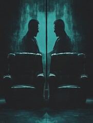Two figures in silhouette, seated facing each other, mirrored reflection, dimly lit room