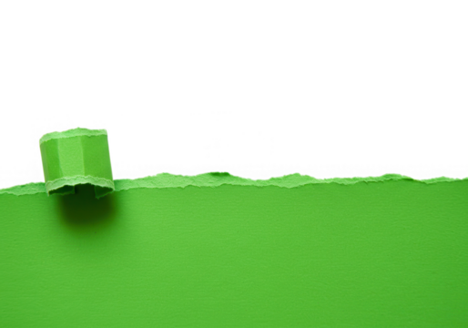 A vibrant green torn paper with a curled edge, creating a textured background with copy space isolated on transparent background