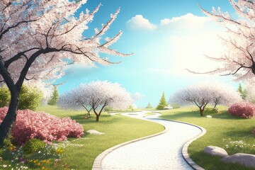 A scenic springtime path winds through a blossoming park