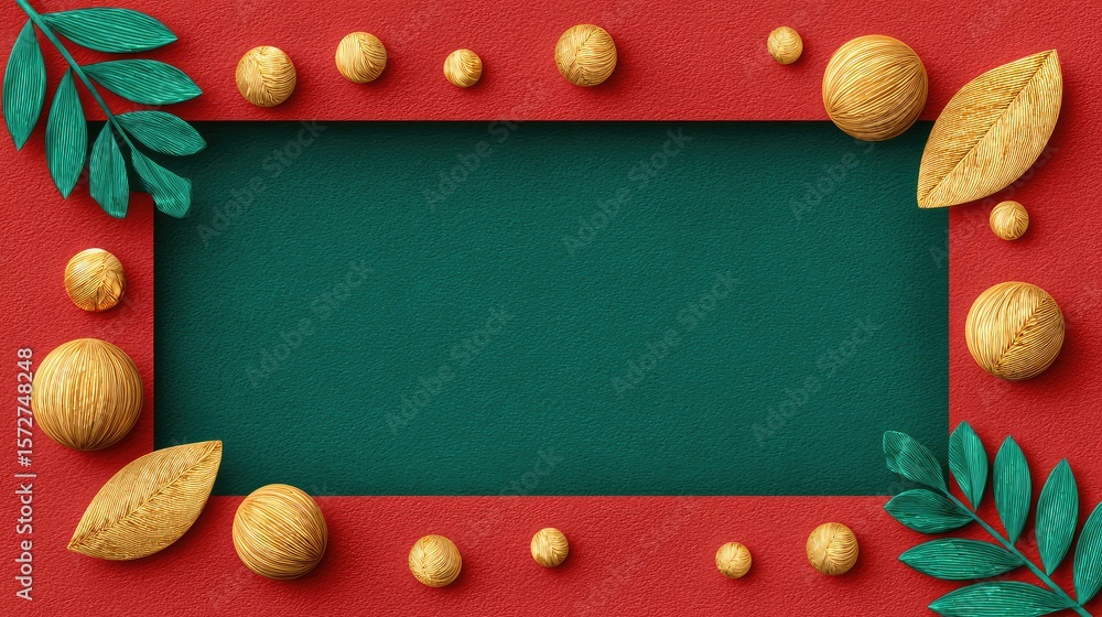 Poster flat red background with border of green and gold festive elements arranged around edges, clean spac