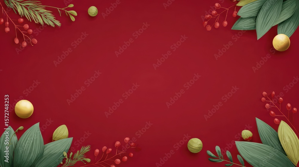 Poster flat red background with border of green and gold festive elements arranged around edges, clean spac