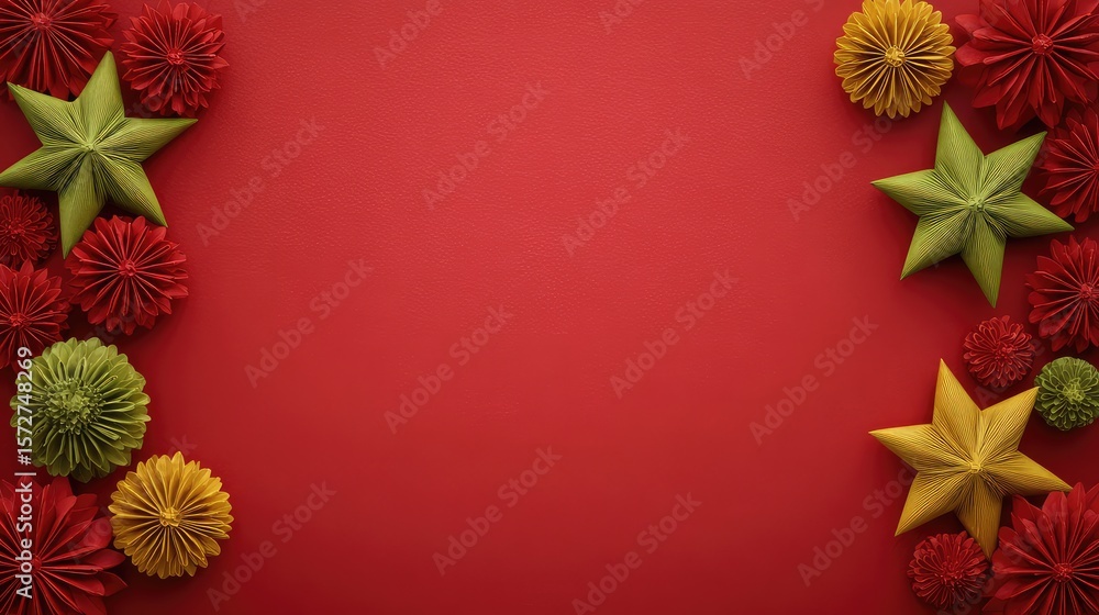 Poster flat red background with border of green and gold festive elements arranged around edges, clean spac