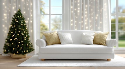 White sofa with pillows beside a decorated Christmas tree in front of a bright window, cozy living room interior.