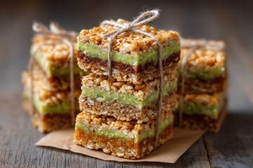 Close-up of stacked granola bars with a green layer, tied with twine on a rustic wooden surface. Ideal for healthy snack or breakfast concepts.