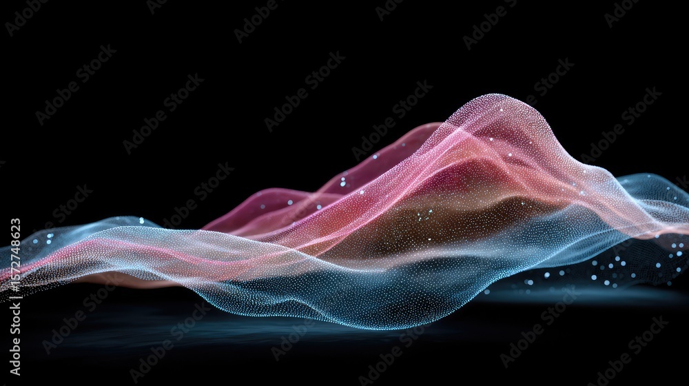 Poster futuristic digital data visualization with dynamic light beams and floating particles on black surfa
