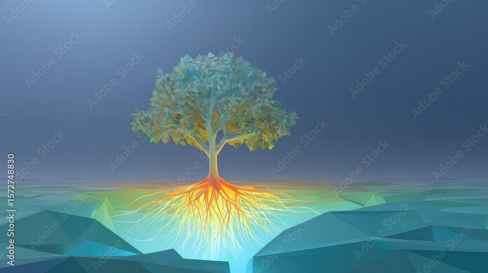 Poster geometric tree of life with polygon roots and branches, modern tech-style on light background