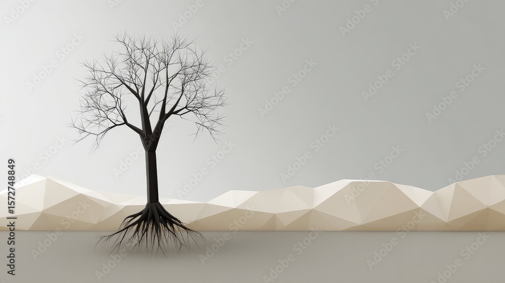 Poster geometric tree of life with polygon roots and branches, modern tech-style on light background