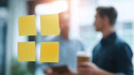 Two people are blurred in the background, one holding a tablet and another a coffee cup, with four blank yellow sticky notes in focus on a clear surface in the foreground