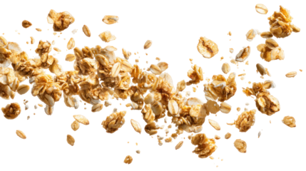 Oat Granola Falling Crunchy Muesli Isolated on Transparent Background

