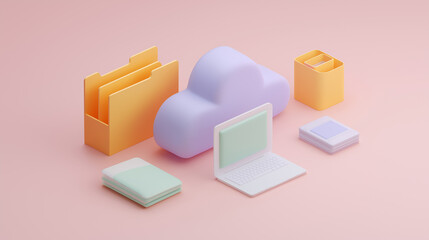 3D isometric cloud computing storage and digital workflow, with a purple cloud icon surrounded by a file organizer, a laptop, stacked documents, and a recycle bin, all on a pastel pink background.