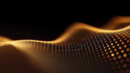 Abstract glowing golden network of connected dots and lines forming a wavy surface against a dark background. Evokes themes of technology, data, energy, and luxury.