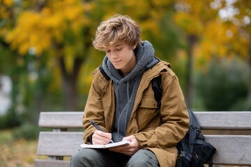 Fototapeta premium Young caucasian male writing in notebook on park bench in autumn.