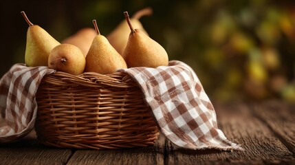 Wicker basket filled with pears and gingham cloth, lower third empty