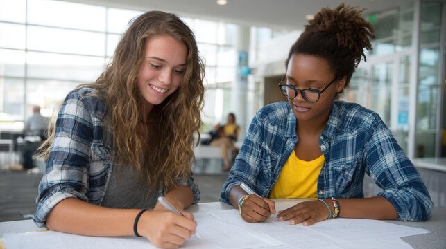 Two young women in casual attire studying together in a bright, modern setting. They appear focused and engaged, suggesting a collaborative learning environment.